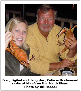 Craig Ligibel and daughter, Katie with steamed crabs at Mike’s on the South River, Photo by Bill Hooper