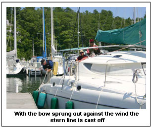 With the bow sprung out against the wind the stern line is cast off