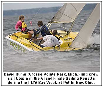 David Hume (Grosse Pointe Park, Mich.) and crew sail Utopia in the Grand Finale Sailing Regatta during the I-LYA Bay Week at Put-In-Bay, Ohio.