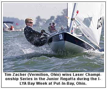 Tim Zacher (Vermilion, Ohio) wins Laser Championship Series in the Junior Regatta during the I-LYA Bay Week at Put-In-Bay, Ohio.
