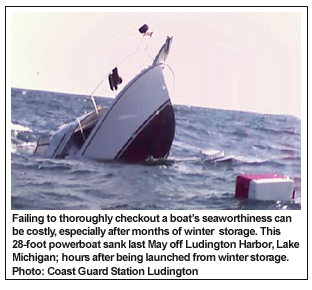 Failing to thoroughly checkout a
boat�s seaworthiness can be costly,
especially after months of winter
storage. This 28-foot powerboat sank
last May off Ludington Harbor, Lake
Michigan; hours after being launched
from winter storage. Photo: Coast
Guard Station Ludington