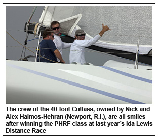 The crew of the 40-foot Cutlass, owned by Nick and Alex Halmos-Hehran (Newport, R.I.), are all smiles after winning the PHRF class at last year�s Ida Lewis Distance Race