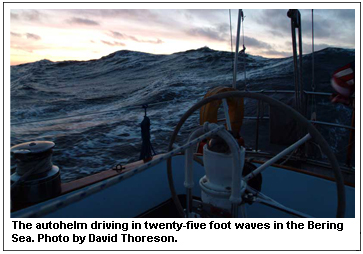 The autohelm driving in twenty-five foot waves in the Bering Sea. Photo by David Thoreson.