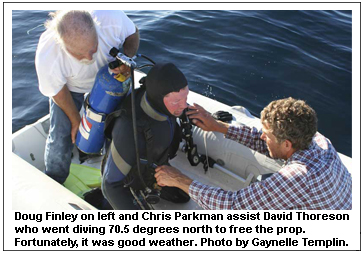 Doug Finley on left and Chris Parkman assist David Thoreson who went diving 70.5 degrees north to free the prop. Fortunately, it was good weather. Photo by Gaynelle Templin.