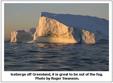 Icebergs off Greenland, it is great to be out of the fog.