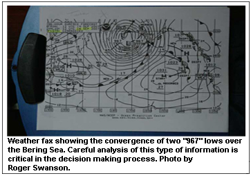 Weather fax showing the convergence of two "967" lows over the Bering Sea. Careful analysis of this type of information is critical in the decision making process. Photo by Roger Swanson.