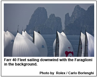 Farr 40 Fleet sailing downwind with the Faraglioni in the background.