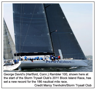 George David�s (Hartford, Conn.) Rambler 100, shown here at the start of the Storm Trysail Club�s 2011 Block Island Race, has set a new record for the 186 nautical mile race.  Credit Marcy Trenholm/Storm Trysail Club