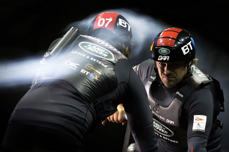 A sugar based vapour highlights the sleek design of the team's Henri Lloyd and Spinlock kit (c) HarryKH/LandRoverBAR