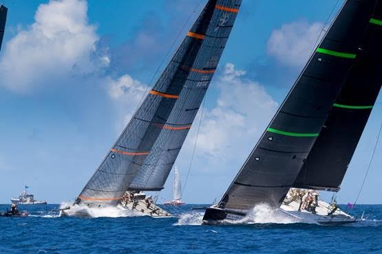 Bella Mente and Proteus go head to head on the racecourse at the 2017 Les Voiles de St. Barth (Photo Credit: Christophe Jouany)