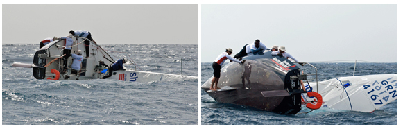 1 and 2 - J/24 Island Water World Die Hard crew struggle to right the boat after a capsize in todays windy race.