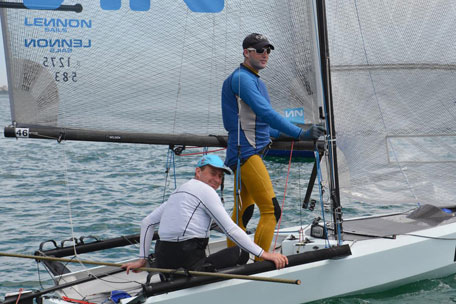 Britains Glenn Truswell and crew Sam Pascoe wait out the soft breeze and a start in todays Practice Race. Credit: Rhenny Cunningham - Sailing Shots