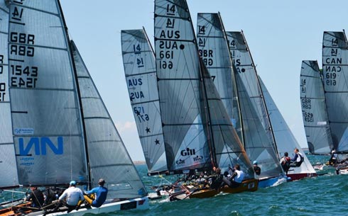 Todays Race 4 start line with Britains Glen Truswell (1543) to weather of Australias Brad Devine (661). Credit: Rhenny Cunningham - Sailing Shots