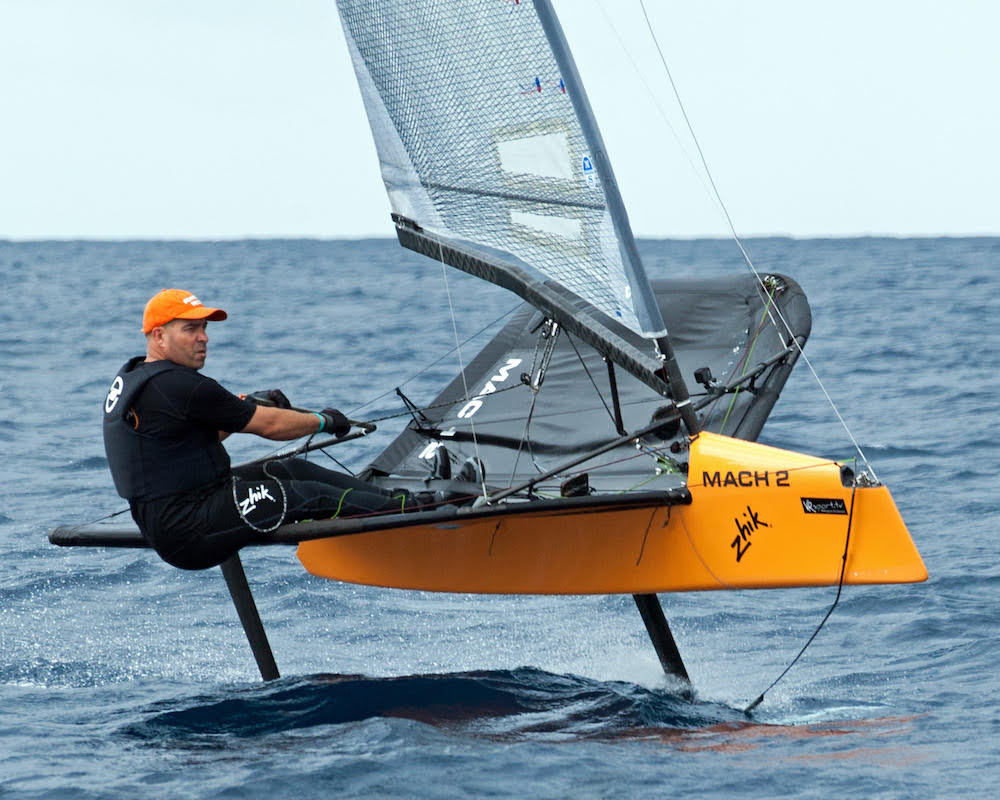Andy Budgen established the new Foiling Monohull record in his International Moth. Photo credit – Peter Marshall/MGRBR