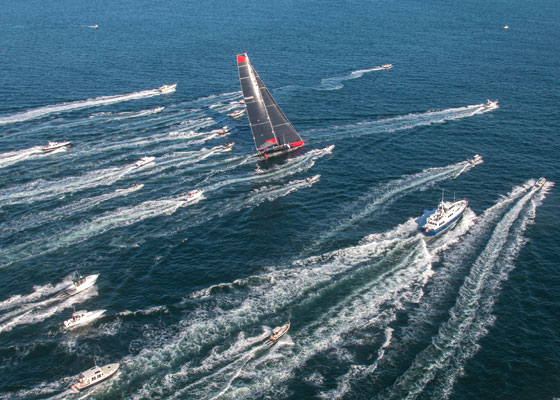 COMANCHE skippered by Ken Read, blasts away from the start at 25knots, in the hope of breaking the course record of 39 hours 39 minutes. Photo: Daniel Forster/PPL