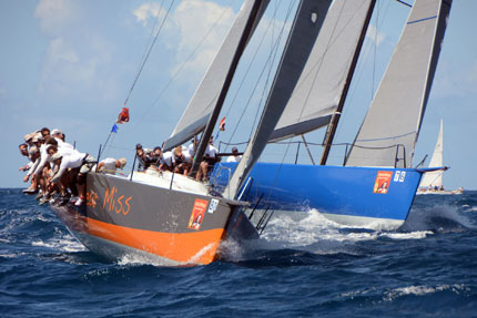Near Miss and Balearia, two TP 52s, appear to match-race in the CSA Racing 0 Class.