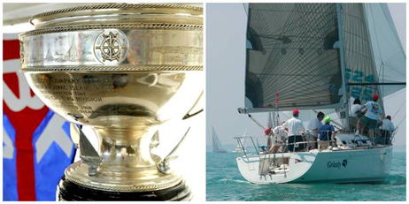 (left) One of the coveted trophies for the 91st Bells Beer Bayview Mackinac Race; (right) Fred Kregers team aboard Grizzly.
(Photo credit Bayview Yacht Club/Martin Chumiecki)