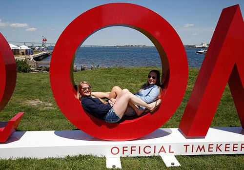 Enjoying the view from the giant Omega at the Race Village