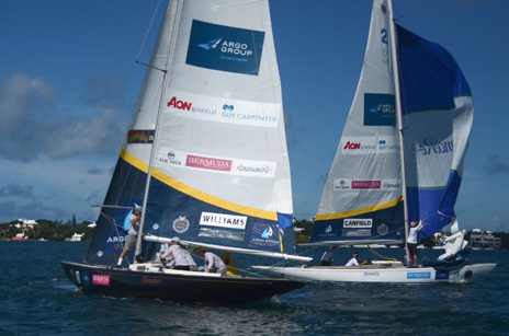 Taylor Canfield defeated Ian Williams racing in the Quarter Final stage of the 2013 Argo Group Gold Cup at the Royal Bermuda Yacht Club.Photo credit: Talbot Wilson