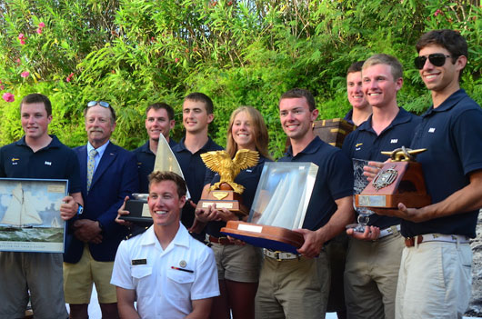 'Swift' the US Naval Academy 44 (NA11) took home a treasure trove of prizes from the 2015 Marion Bermuda Race. They were 1st in Class B, won the Offshore Youth Challenge Trophy, the Bartram Trophy (for Academy, Maritime College boat), Naval Academy Trophy (for top Chesapeake Bay boat). the Kingman Yacht Center Marion Bermuda Team Trophy (for a team of Three Yachts). the other two Navy 44's 'Defiance' and 'Integrity' were 2nd and 3rd in Class B and shared the team trophy. Photos  Talbot Wilson