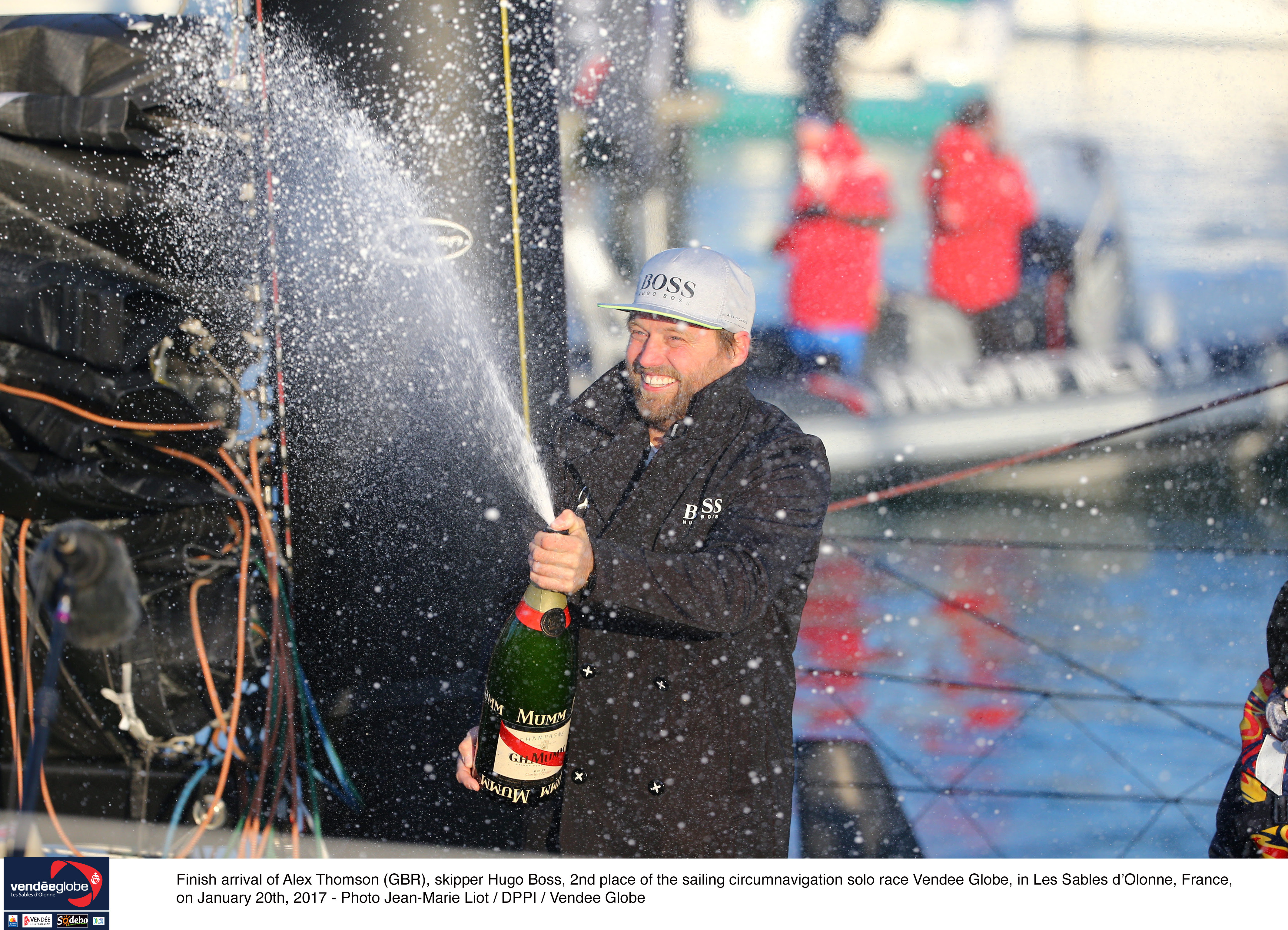 Finish arrival of Alex Thomson (GBR), skipper Hugo Boss, 2nd place of the sailing circumnavigation solo race Vendee Globe, in Les Sables d'Olonne, France on January 20th, 2017 - Photo Jean-Marie Liot / DPPI / Vendee Globe
