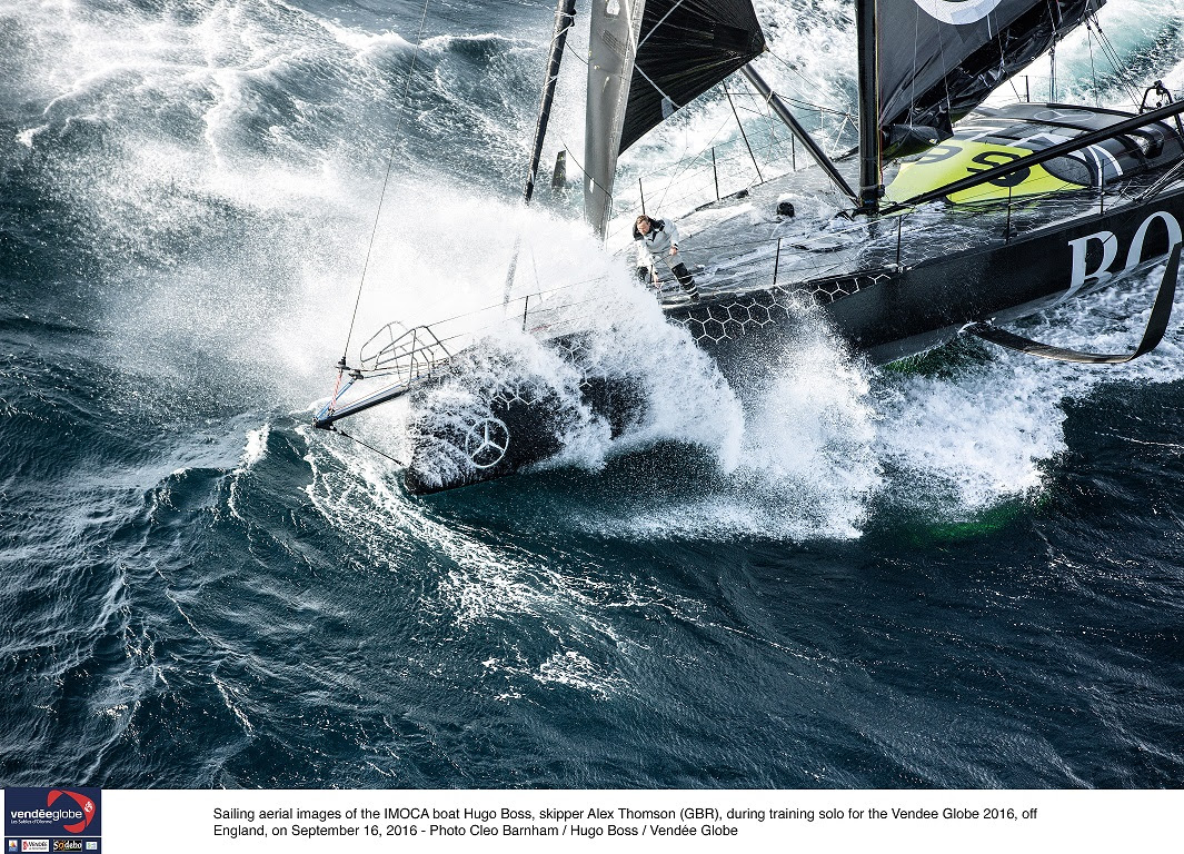 Sailing aerial images of the IMOCA boat Hugo Boss, skipper Alex Thomson (GBR), during training solo for the Vendee Globe 2016, off England, on September 16, 2016 - Photo Cleo Bamham / Hugo Boss / Vendee Globe