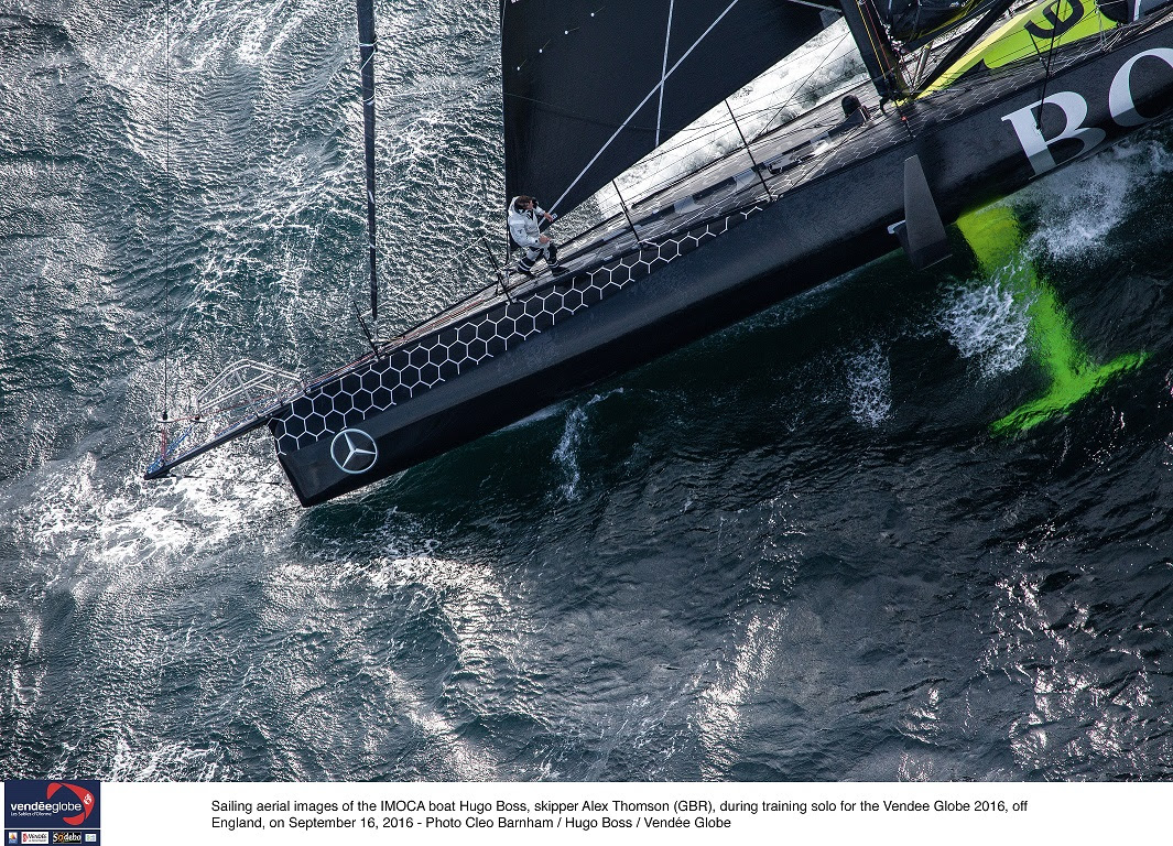 Sailing aerial images of the IMOCA boast Hugo Boss, skipper ALes Thomson (GBR), during training saolo for the Vendee GLobe 2016, off England, on September 16, 2016 - Photo Cleo Barnham / Hugo Boss / Vendee Globe