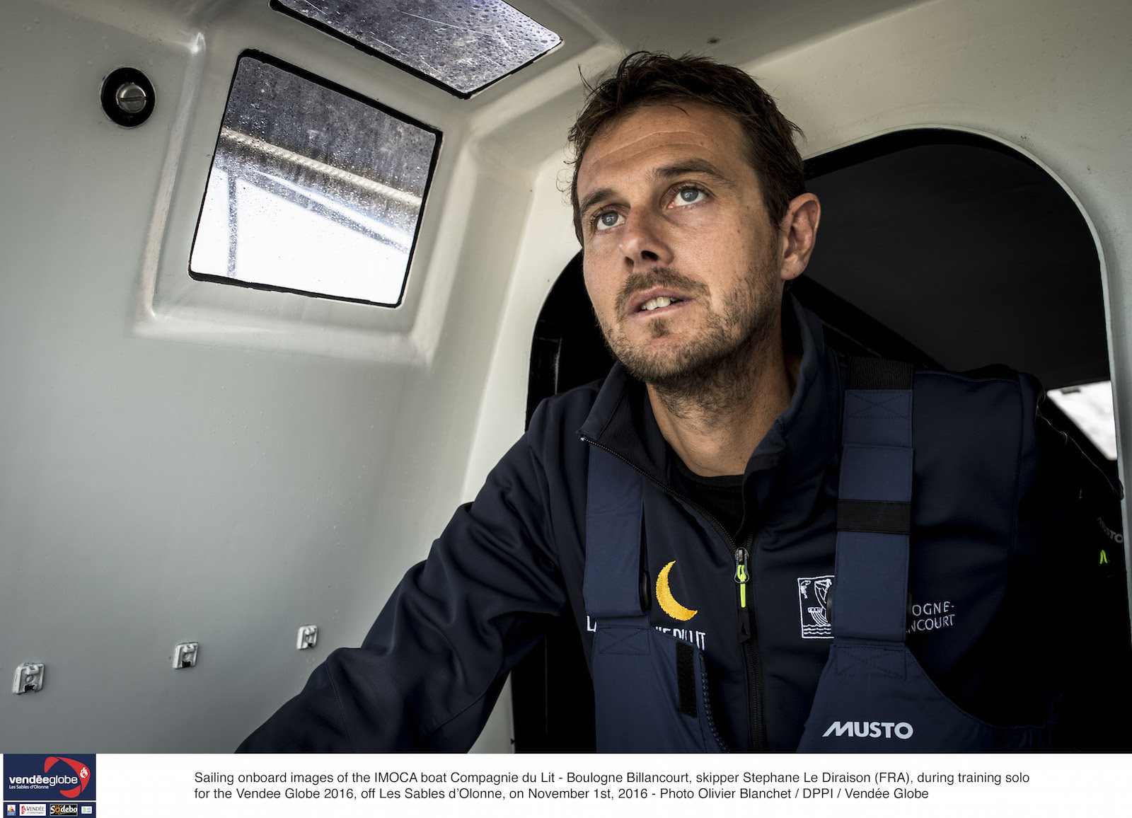 Sailing on board images of the IMOCA boat Compagnie du Lit - Boulogne Billancourt skipper Stephane Le Diraison (FRA), during training solo for the Vendee Globe 2016, off Les Sables of Olonne, on November 1st 2016 - Photo olivier Blanchet / DPPI / Vendee Globe
