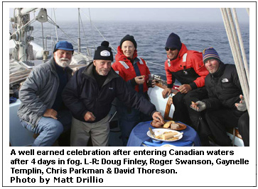 A well earned celebration after entering Canadian waters after 4 days in fog. L-R: Doug Finley, Roger Swanson, Gaynelle Templin, Chris Parkman & David Thoreson.