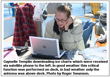 Gaynelle Templin downloading ice charts which were received via satellite phone to the left. In good weather this critical function was performed on deck, in bad weather only the antenna was above deck. Photo by Roger Swanson.