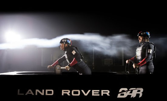 Sailors Matt Cornwell and Leigh McMillan testing the aerodynamic properties of their sailing kit (c) HarryKH/LandRoverBAR