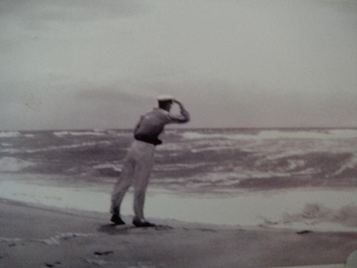 Richard G. Hendrickson looks out over the Atlantic Ocean on a stormy day in Bridgehampton, New York (1930s). Photo: D.L. Hendrickson.