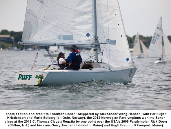 Skippered by Aleksander Wang-Hansen, with Per Eugen Kristianson and Marie Solberg (all Oslo, Norway), the 2012 Norwegian Paralympians won the Sonar class at the 2012 C. Thomas Clagett Regatta by one point over the USA’s 2008 Paralympian Rick Doerr (Clifton, N.J.) and his crew Gerry Tiernan (Falmouth, Maine) and Hugh Freund (S Freeport, Maine).