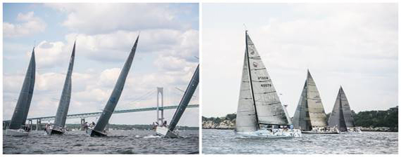 (Left) IRC Class starts at last year’s Ida Lewis Distance Race; (Right) PHRF Class races upwind (Photo Credit Meghan Sepe).