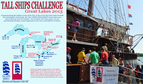(left) Port map for TALL SHIPS CHALLENGE® Great Lakes 2013(right) Guests onboard the barquentine Peacemaker during the TALL SHIPS CHALLENGE® Series Atlantic 2012. (Both Photos Courtesy of Tall Ships America)