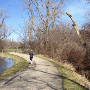 A jogger uses a trail at East Lansing’s White Park. The park used a $225,000 trust fund grant in 2007 to develop their nature trail, as well as a pavilion and softball field.