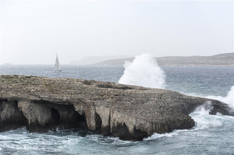 Tough conditions off Malta as GREY GOOSE (GBR) approaches the finish