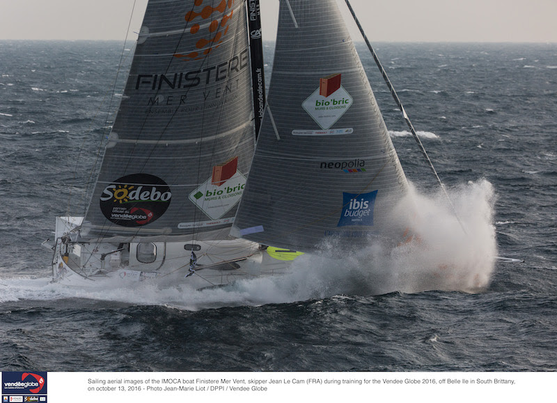 Sailing aerial images of the IMOCA boat Finistere Mer Vent, skipper Jean Le Cam (FRA) during for the Vendee Globe 2016, off Belle lle in South Brittany, on october 13, 2016 - Photo Jean-Marie Liot / DPPI / Vendee Globe