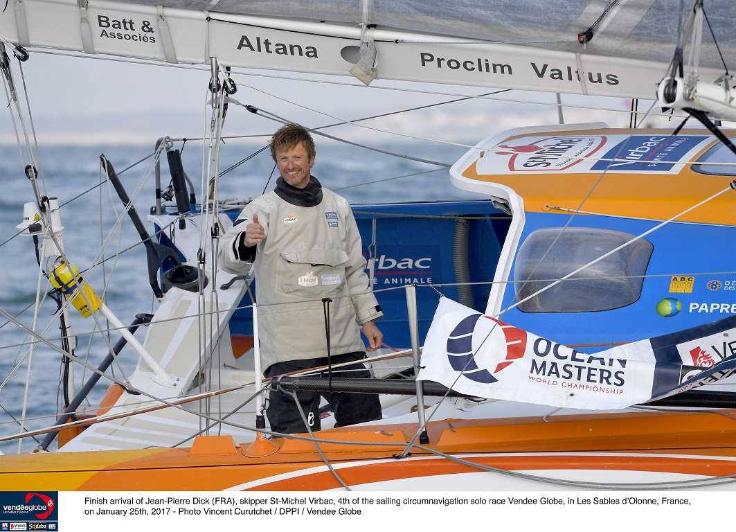 Finish arrival of Jean-Pierre Dick (FRA), skipper St-Michel Virbac, 4th of the sailing circumnavigation solo race Vendee Globe, in Les Sables d'Olonne, France, on January 25th, 2017 - Photo Vincent Curutchet / DPPI / Vendee Globe